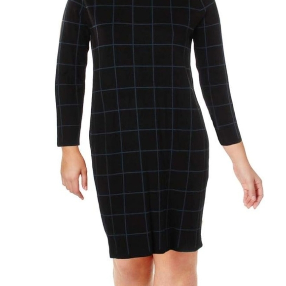 Anne Klein Dresses & Skirts - B60 Anne Klein Black and Blue Grid Long Sleeve Sweater Dress Sz Md Scoop Neck